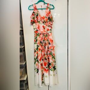 Calvin Klein White Maxi Dress with Coral & Green Floral Print